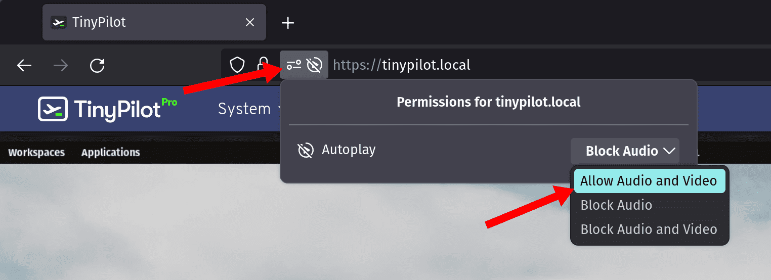 A Firefox window is open and focused on the address bar. A red arrow points to the button for managing site permissions next to the address bar. The autoplay permissions box is open, and the Autoplay dropdown lists the available permissions. A second red arrow points to 'Allow Audio and Video.'