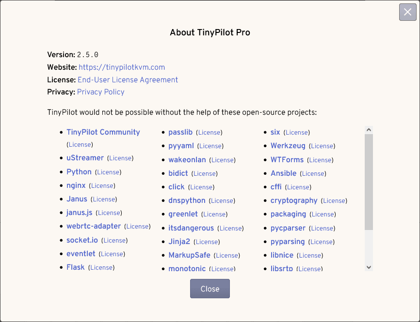 Screenshot of TinyPilot About page, showing version 2.5.0 and a list of all external, open-source dependencies