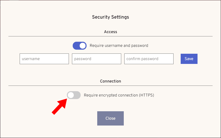 Screenshot of System dialog with option to disable 'Require encrypted connection' setting