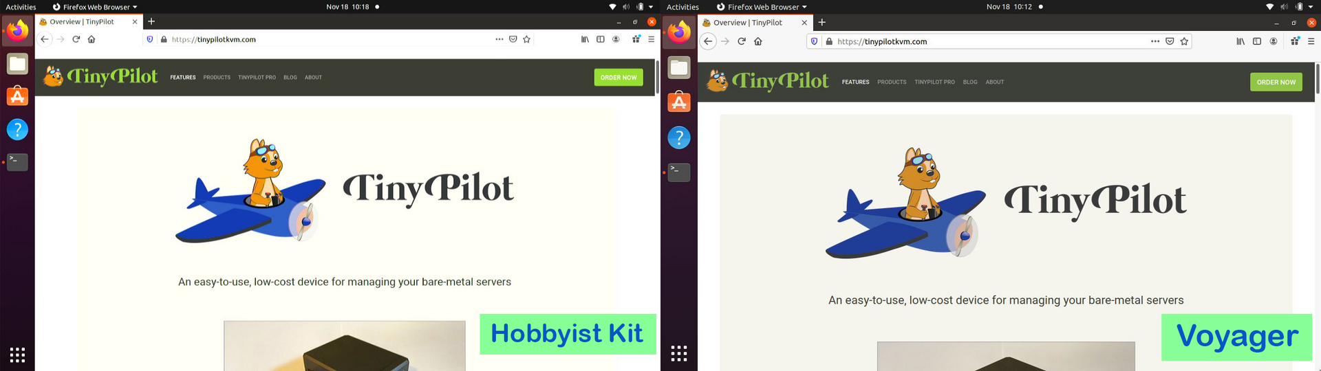 Side-by-side comparison of capture from Hobbyist Kit vs. capture from Voyager