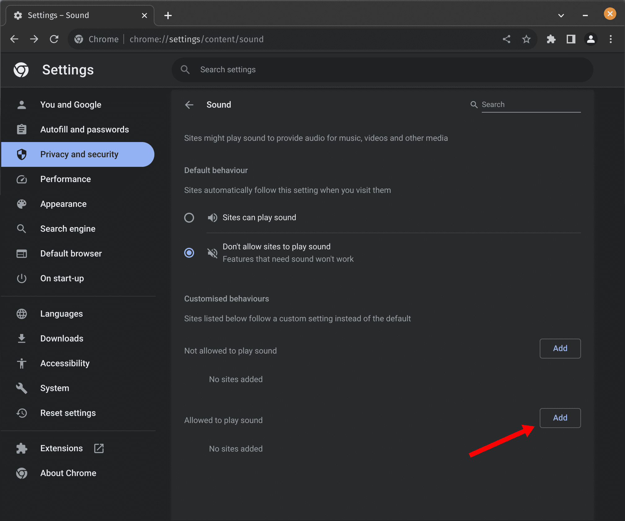A Chrome window is open on the sound settings page. A red arrow points to an 'Add' button to add a site that is allowed to play sound.