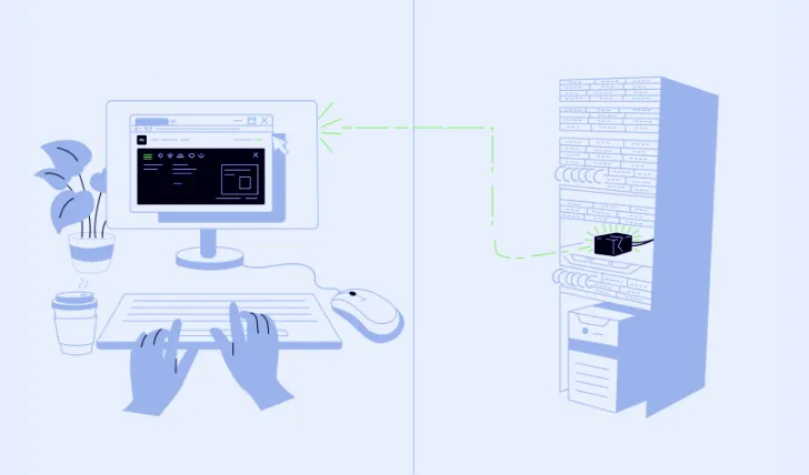 A desktop computer connected via a dashed line to a TinyPilot device in a server rack.