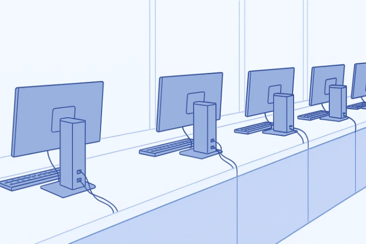 A row of several computer workstations.