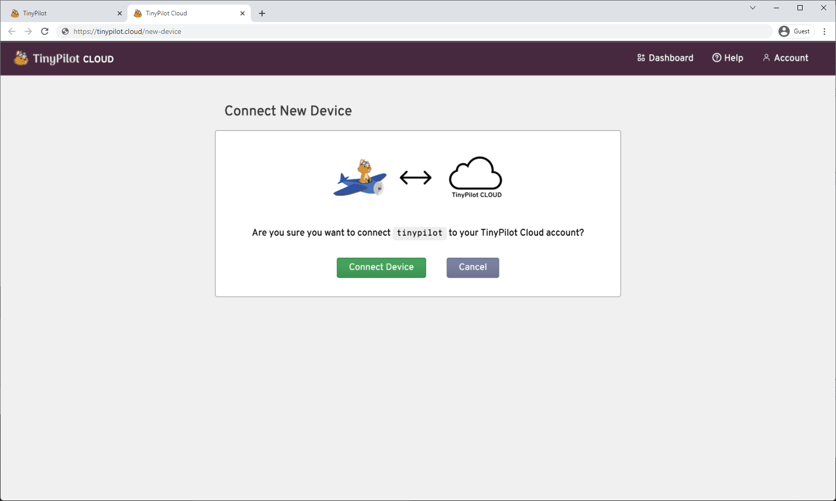 Screenshot of TinyPilot Cloud interface with dialog confirming the new device