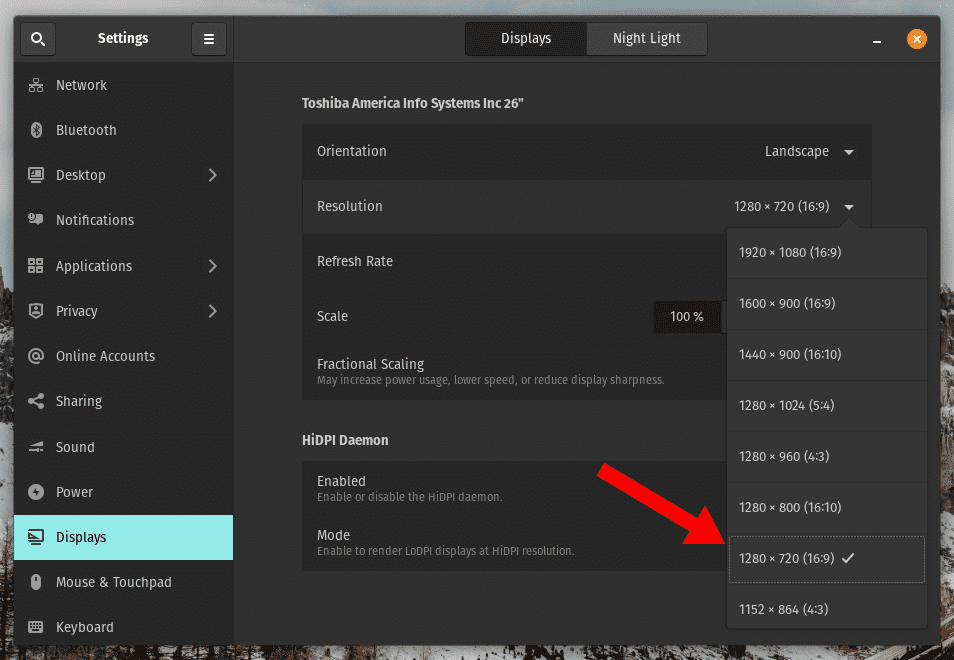 A display settings menu with a resolution drop down listing multiple resolutions.
