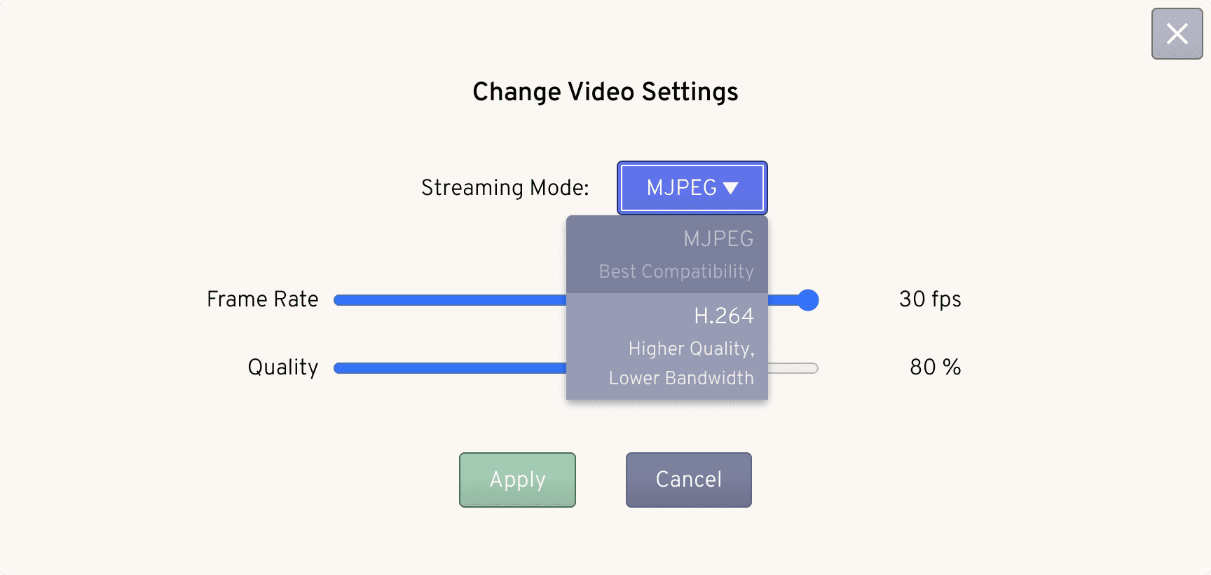 TinyPilot's video settings menu. The 'Streaming Mode' dropdown highlights the H.264 option