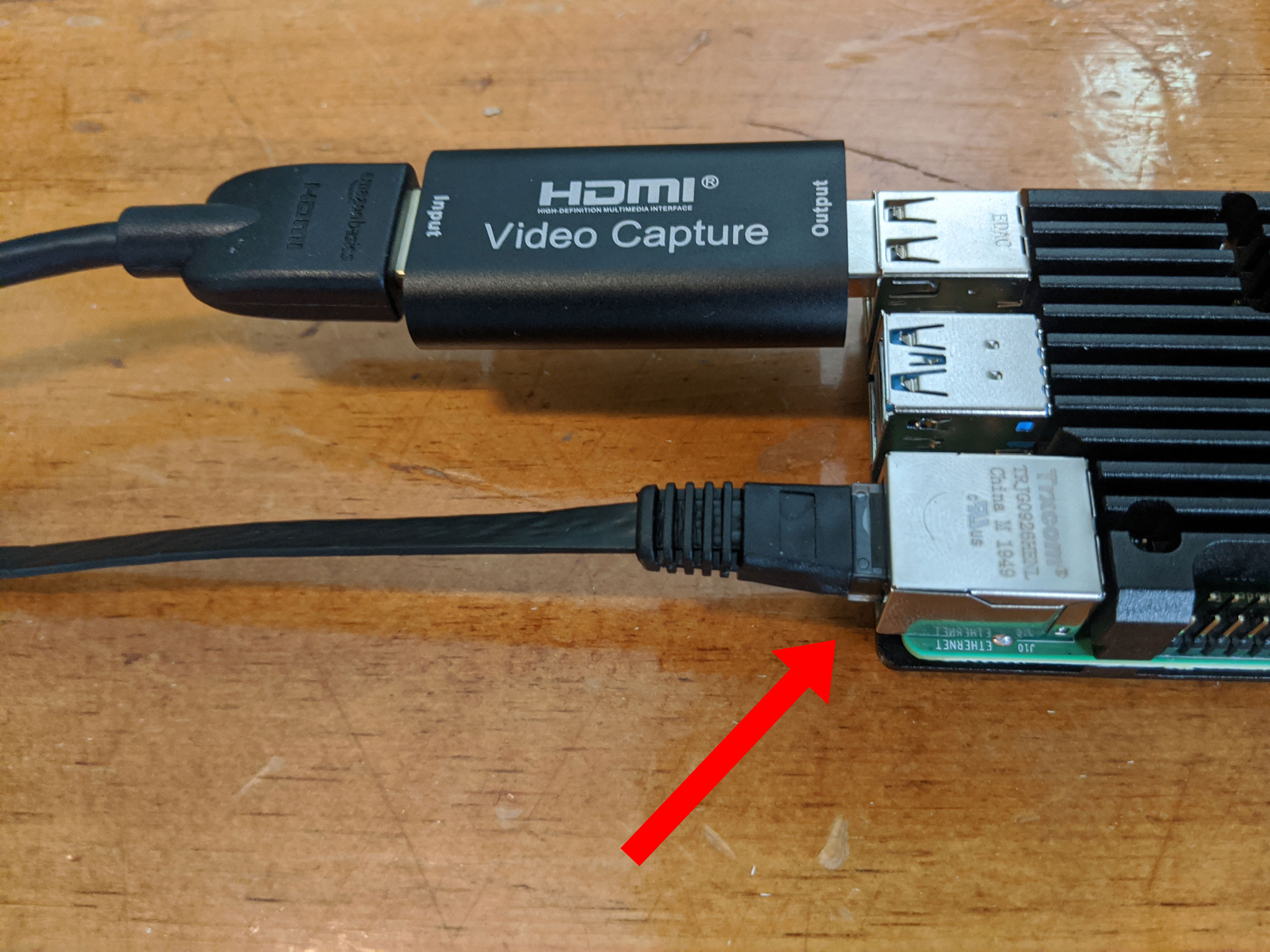 Photo of Ethernet cable connected to Pi device