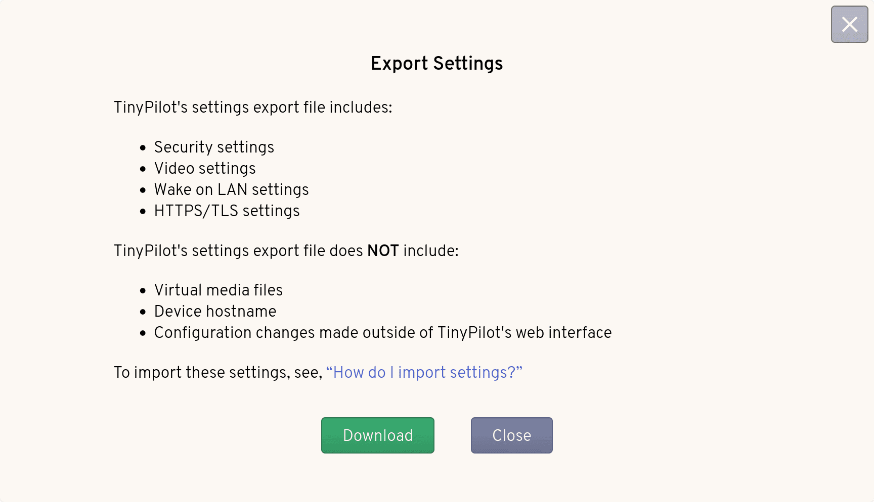 The 'Export Settings' UI prompts the user to download their TinyPilot settings export file.