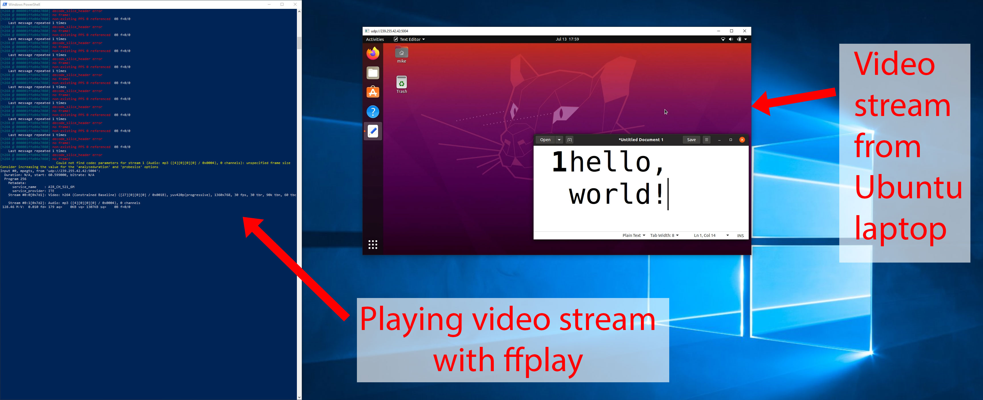 Screenshot of ffplay rendering video stream from LKV373A