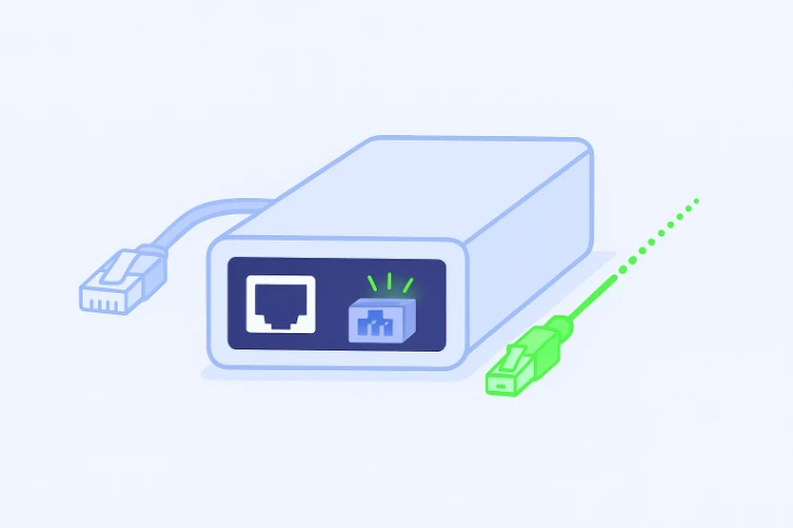 A fiber to Ethernet converter alongside a fiber-optic cable.