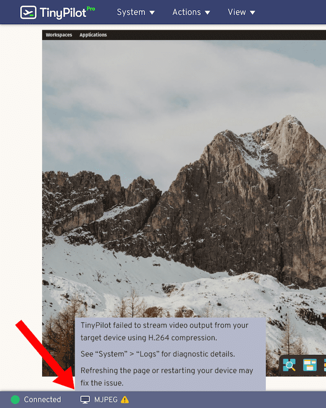 TinyPilot's web interface shows a target machine's desktop and the streaming mode indicator tool-tip in MJPEG mode along with a warning icon showing that H.264 failed to capture a video output.