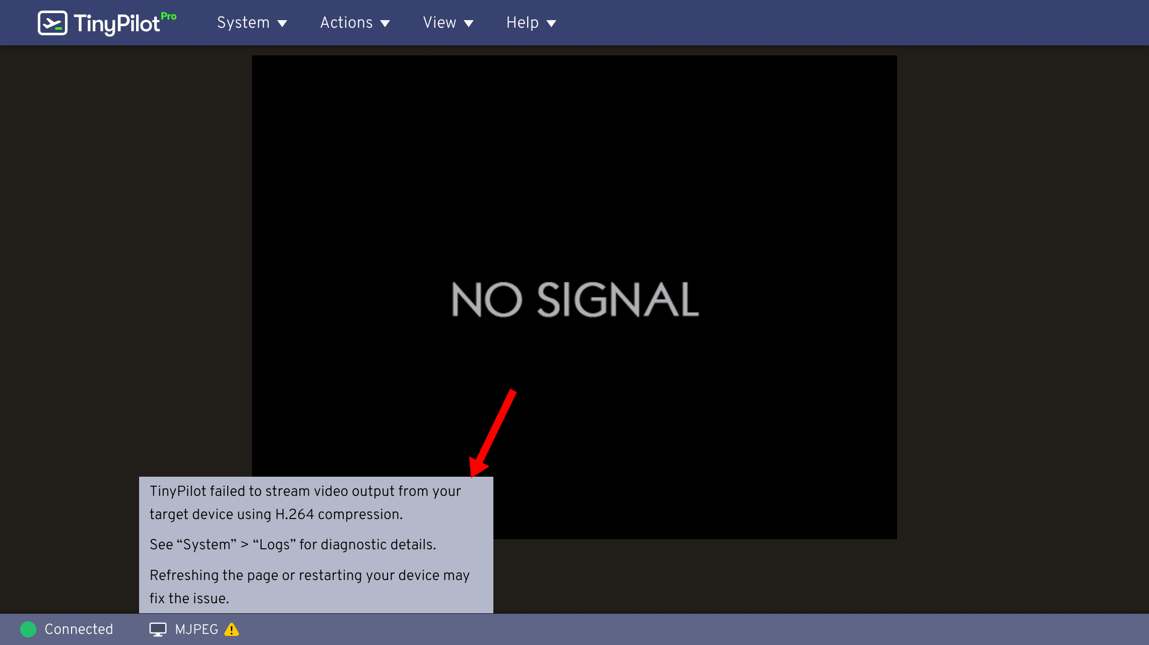 The TinyPilot web interface is open, displaying 'No Signal'. A yellow warning triangle highlights a warning that TinyPilot failed to stream video using H.264. A red arrow points to the warning information.