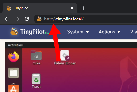 Screenshot of TinyPilot with http://tinypilot.local in URL bar