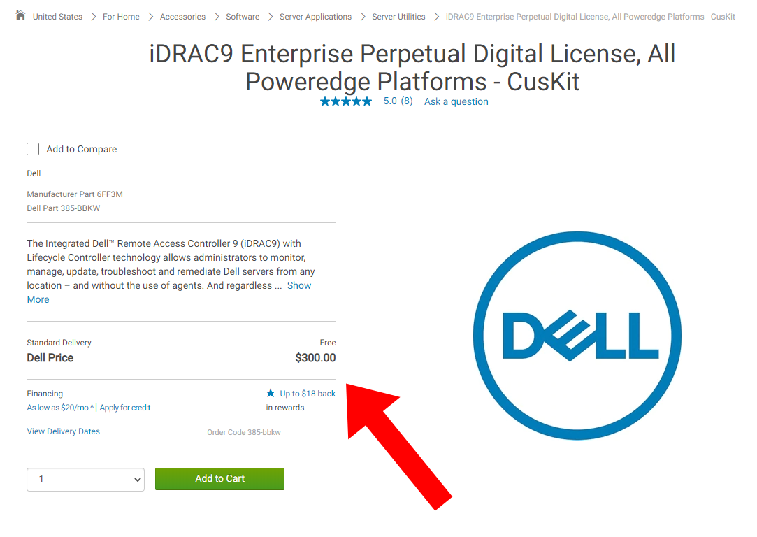 Screenshot of $300 price for iDRAC 9 Enterprise license