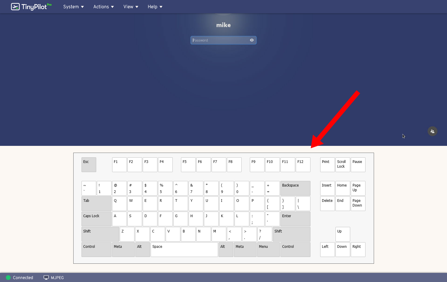 Screenshot of TinyPilot's on-screen keyboard in TinyPilot Pro 2.5.4