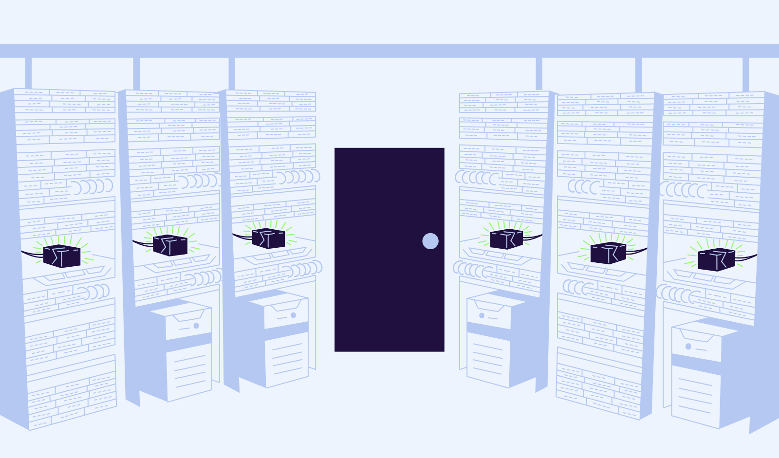 Multiple server racks with various systems that can be controlled remotely with KVM over IP.