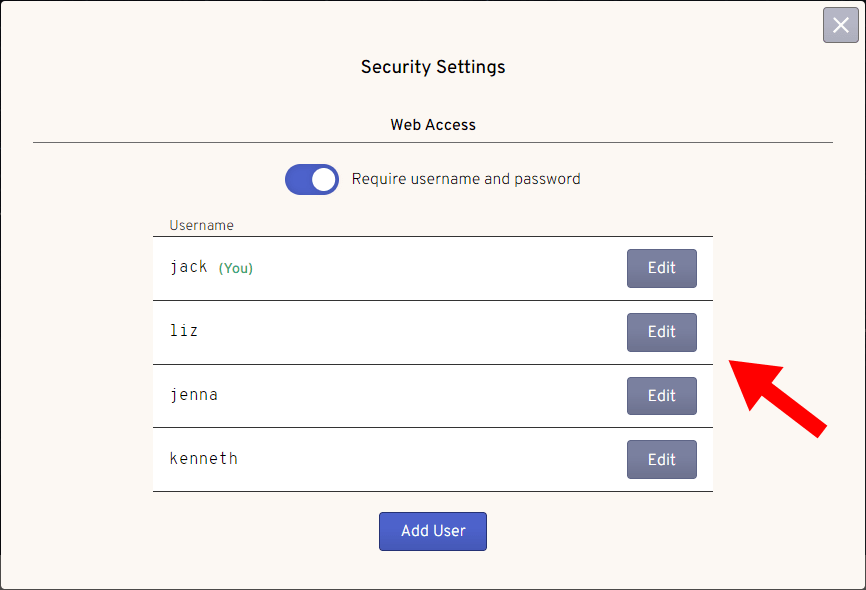 TinyPilot security dialog showing multiple user accounts