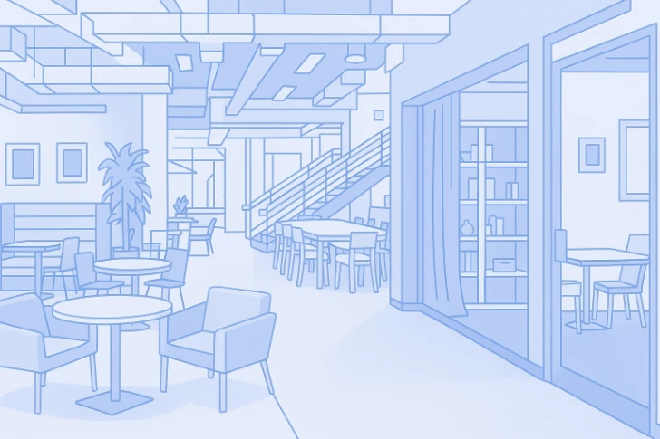 Interior of a modern office space with breakout areas.