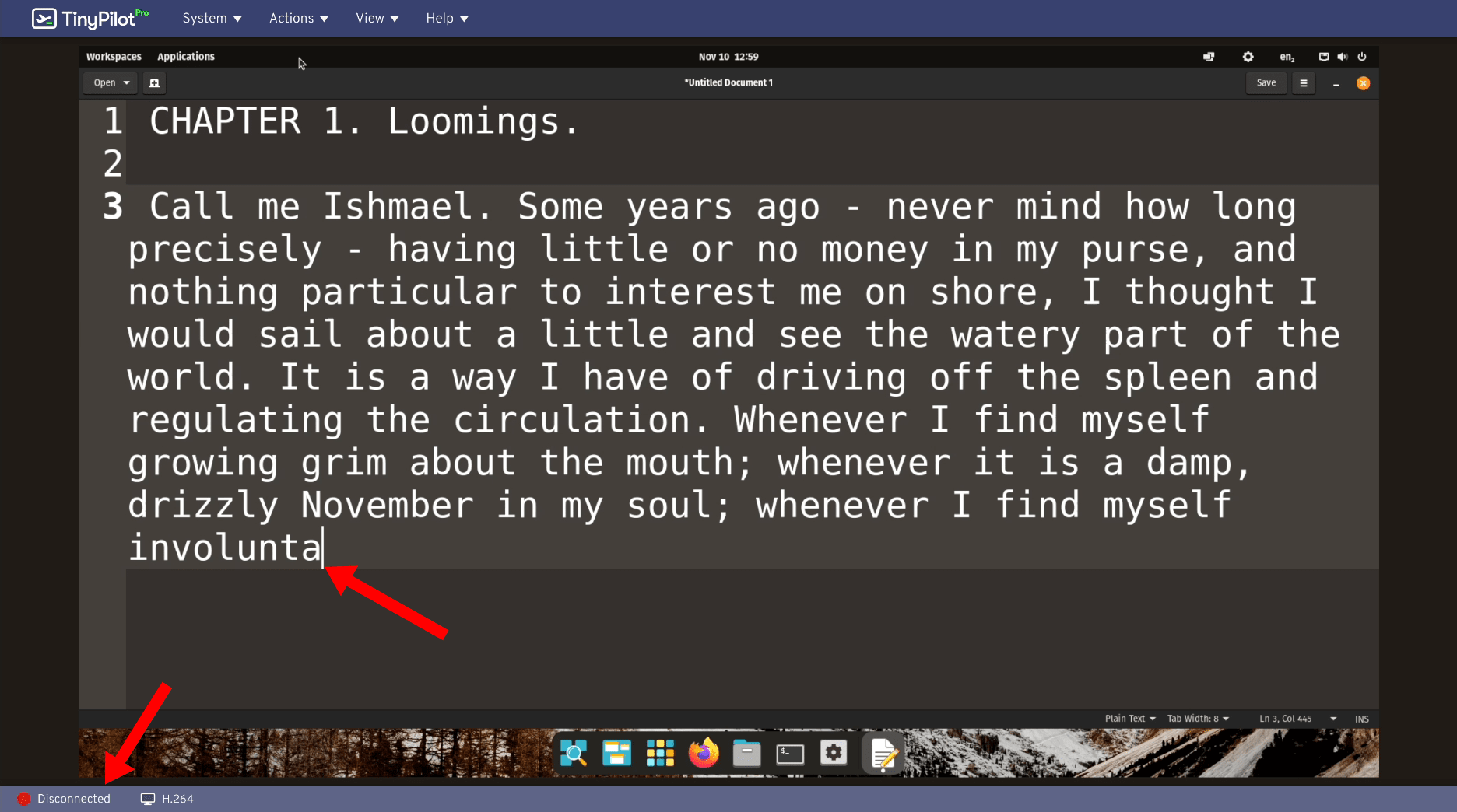 A screenshot of the TinyPilot web interface in TinyPilot Pro 2.6.1. A text editor is open on a remote PC. The text is cut off part way through pasting.