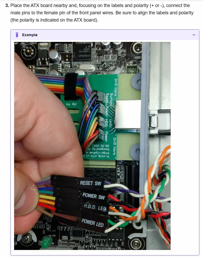 Screenshot of PiKVM installation documentation showing the user connecting ATX pins from their PiKVM to their motherboard