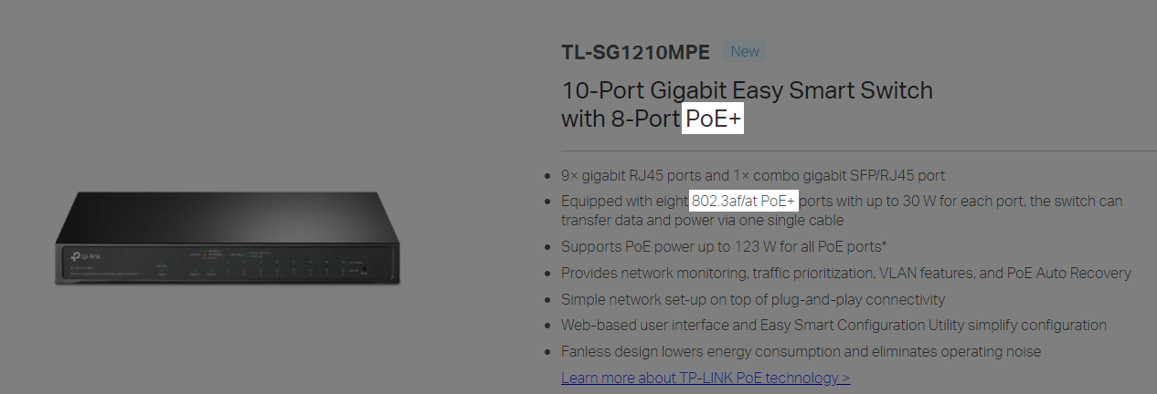 Screenshot of product page for a PoE-enabled network switch