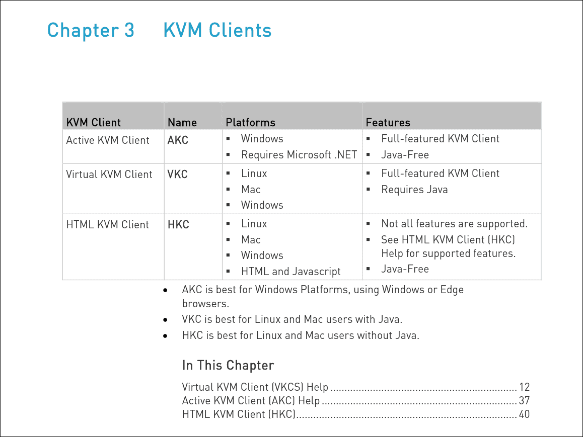 A screenshot of Raritan's documentation table for the three KVM clients.
