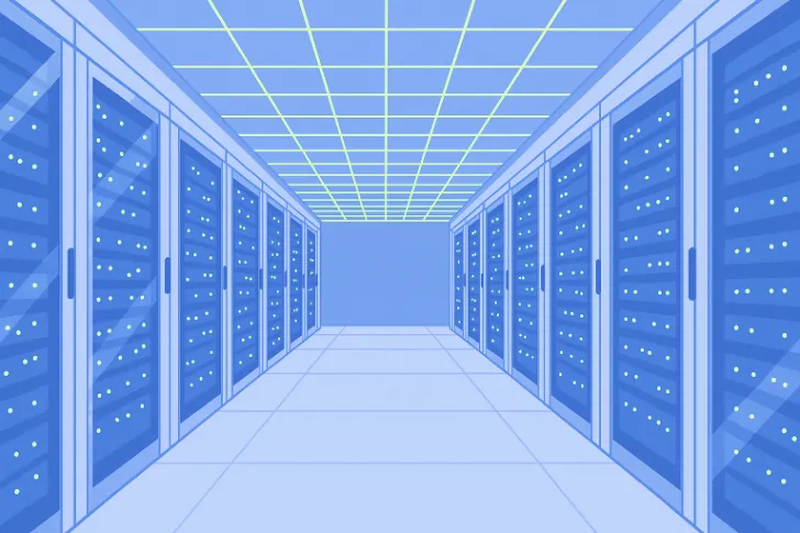 An aisle of equipment located in a server room.