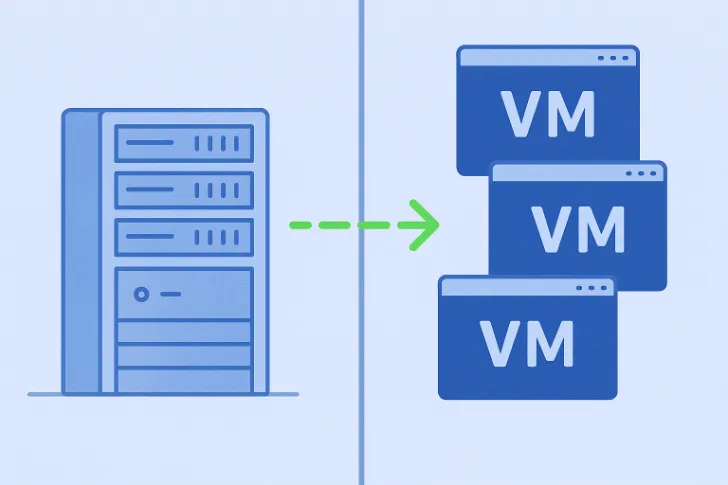 A physical server alongside software windows that represent the virtual machines running on it.