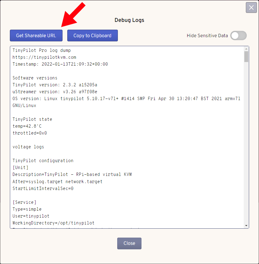 Screenshot of TinyPilot Debug Logs dialog, highlighting the Get Shareable URL button
