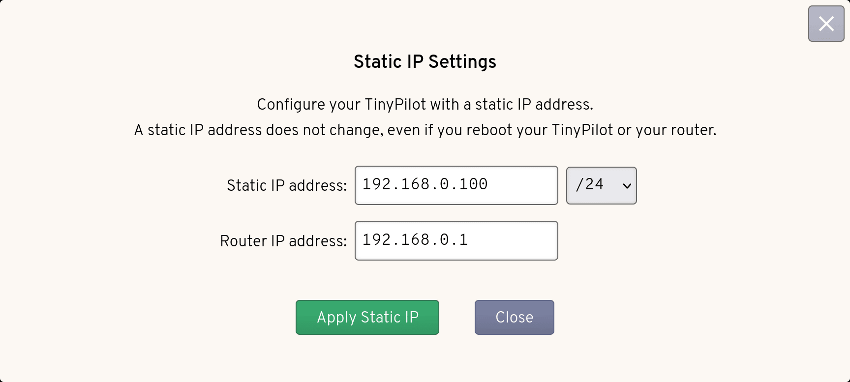 The TinyPilot Static IP menu is open, showing a 'Static IP address' text box and a 'Router IP address' text box for setting network details.