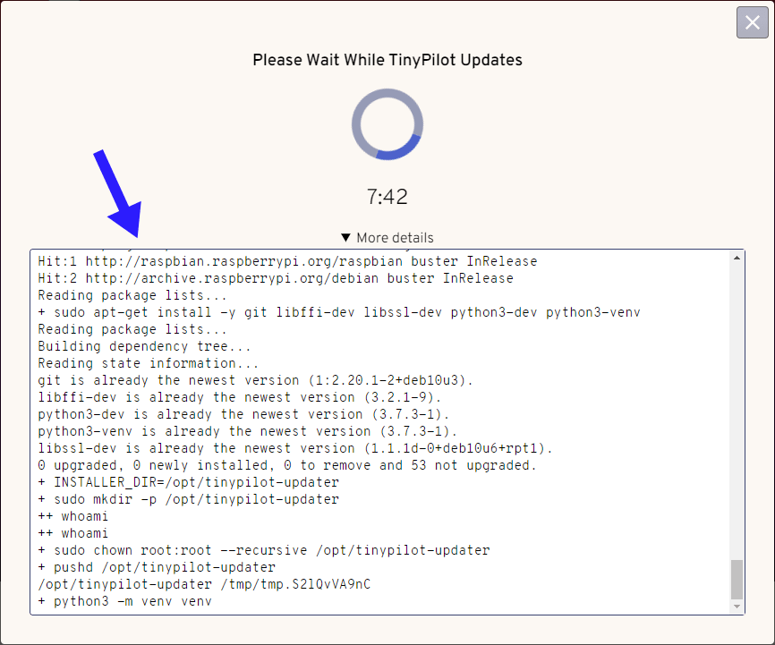 Screenshot of streaming logs in update dialog