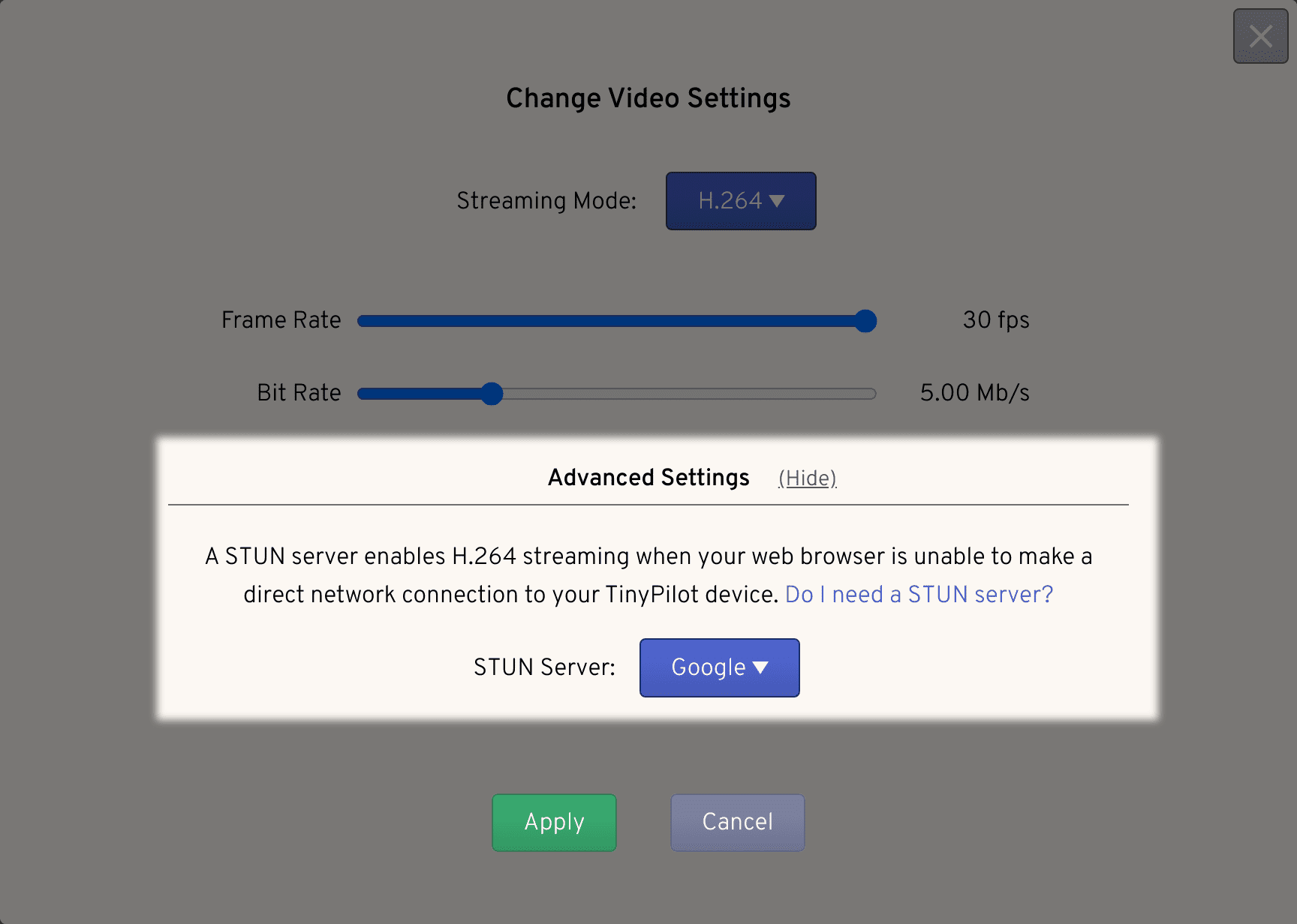 TinyPilot's Video Settings interface is open to the H.264 dialogue. The new 'Advanced settings' section is highlighted. A Google STUN server is selected.