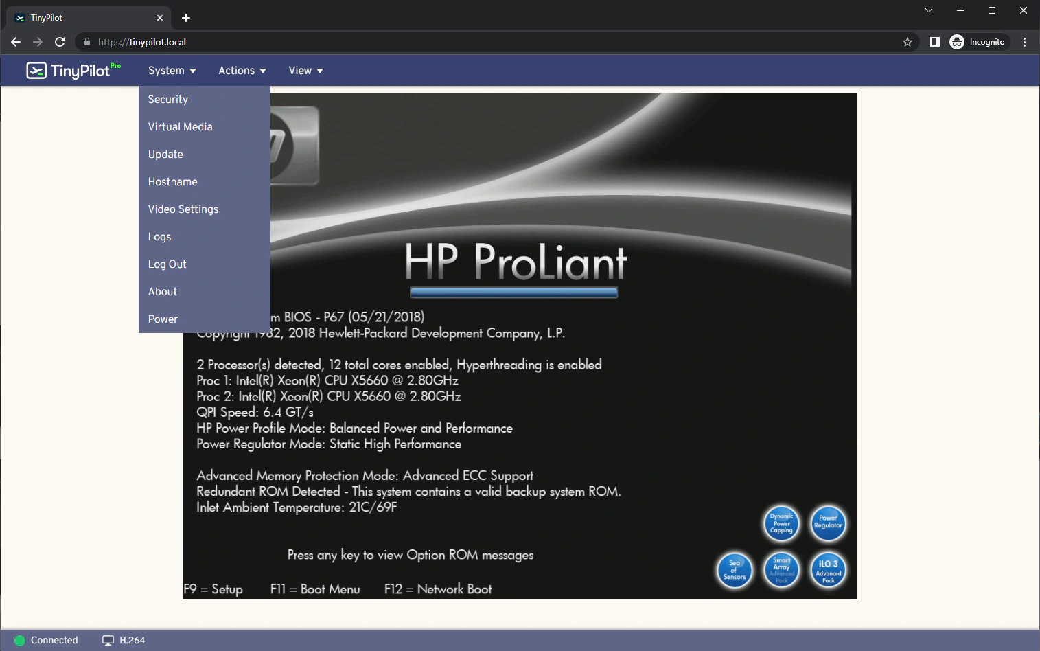 Screenshot of TinyPilot Pro on an HP ProLiant BIOS screen