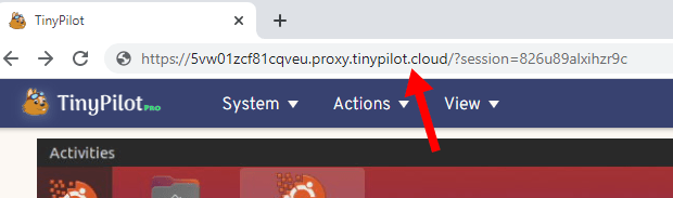 Close-up of TinyPilot interface shows a long, secure, Internet-accessible URL