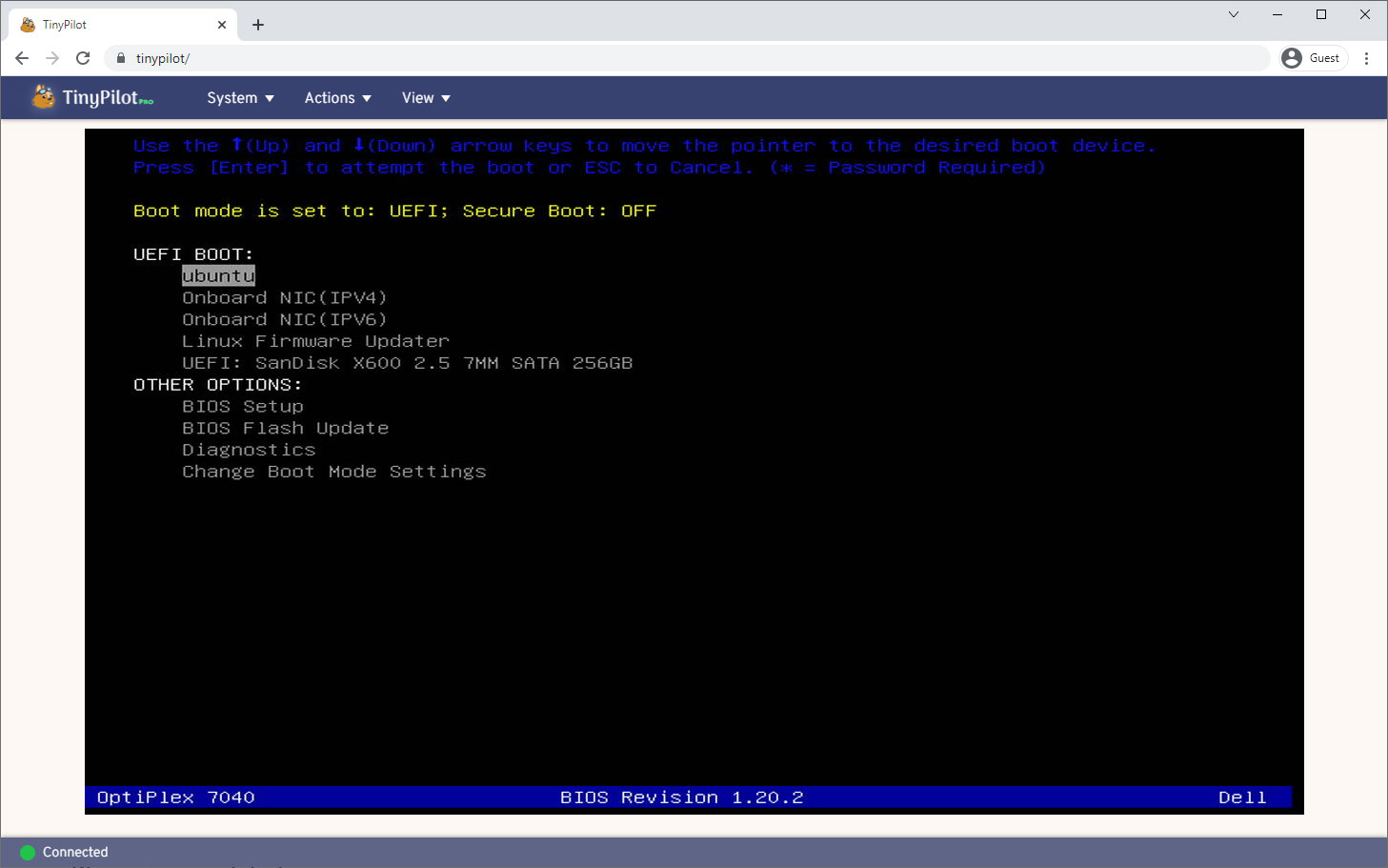 View of TinyPilot booting Dell BIOS