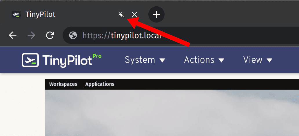 A red arrow points to the TinyPilot tab with a muted speaker icon.