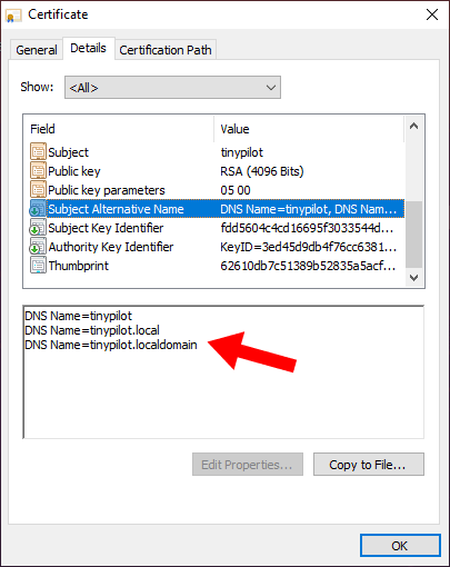 Screenshot of Subject Alternative Names in TinyPilot certificate showing DNS Name=tinypilot, DNS Name=tinypilot.local, DNS Name=tinypilot.localdomain