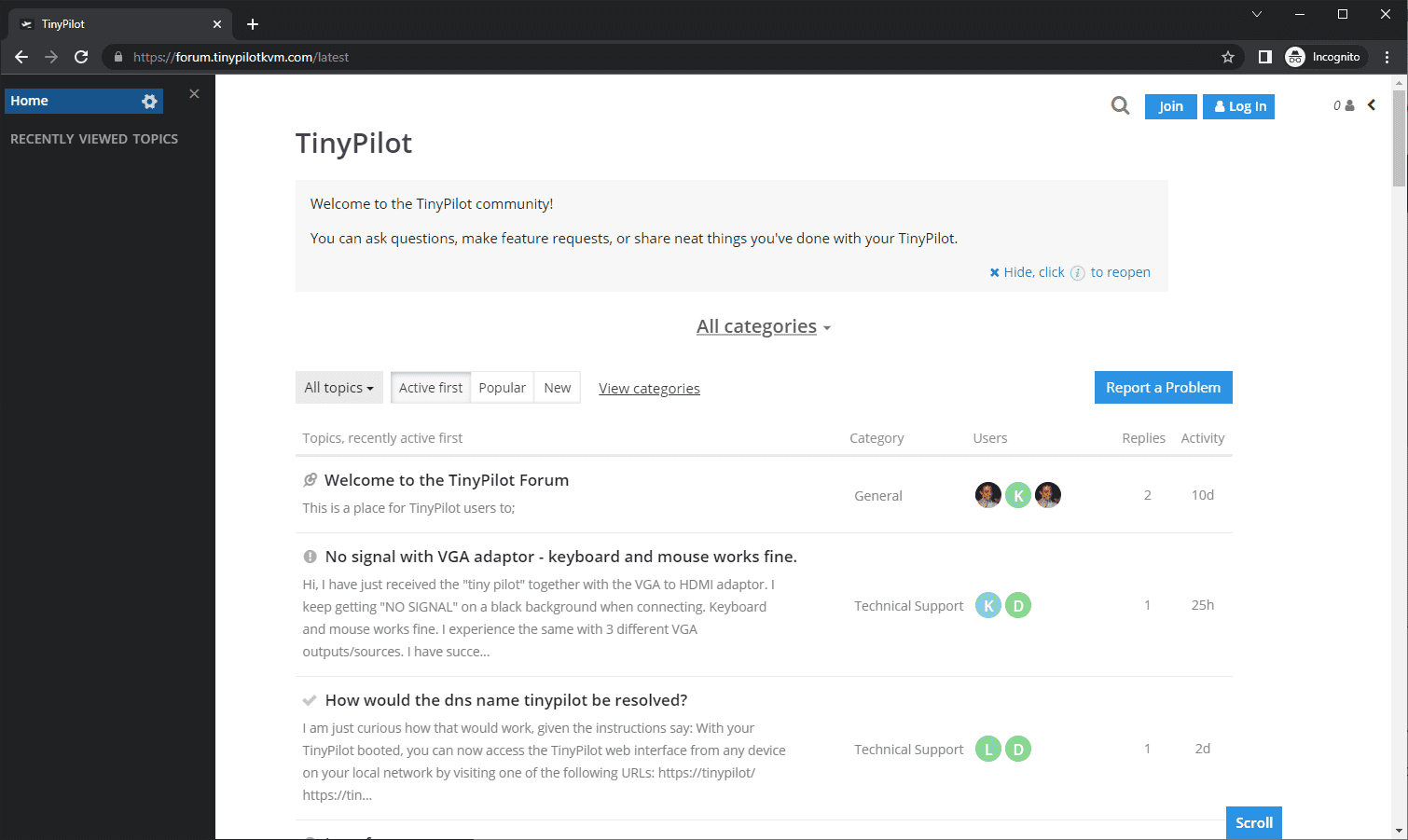 Screenshot of TinyPilot help forum