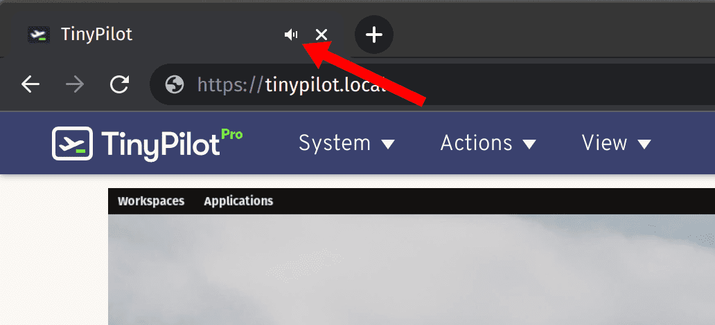 A red arrow points to the TinyPilot tab with a (now unmuted) speaker icon.