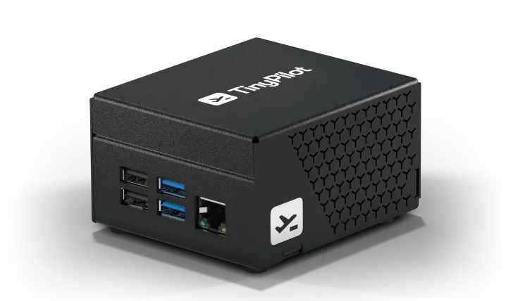 An alternate view of a TinyPilot device showing several of the ports.
