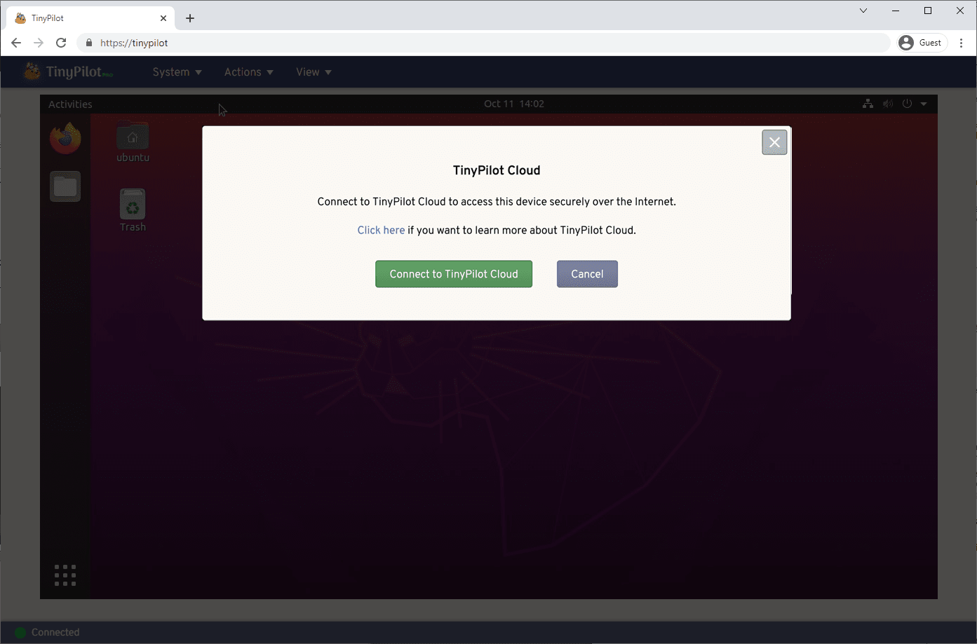 Screenshot of TinyPilot interfaces with a TinyPilot Cloud dialog offering a new connection