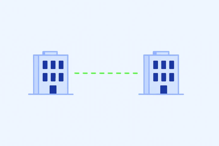 Two office buildings connected by a dashed line.