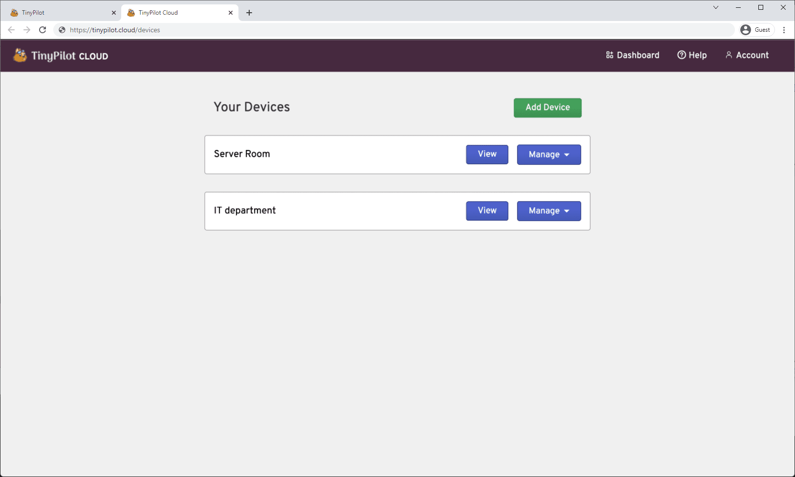 Screenshot of TinyPilot Cloud interface with overview of owned devices