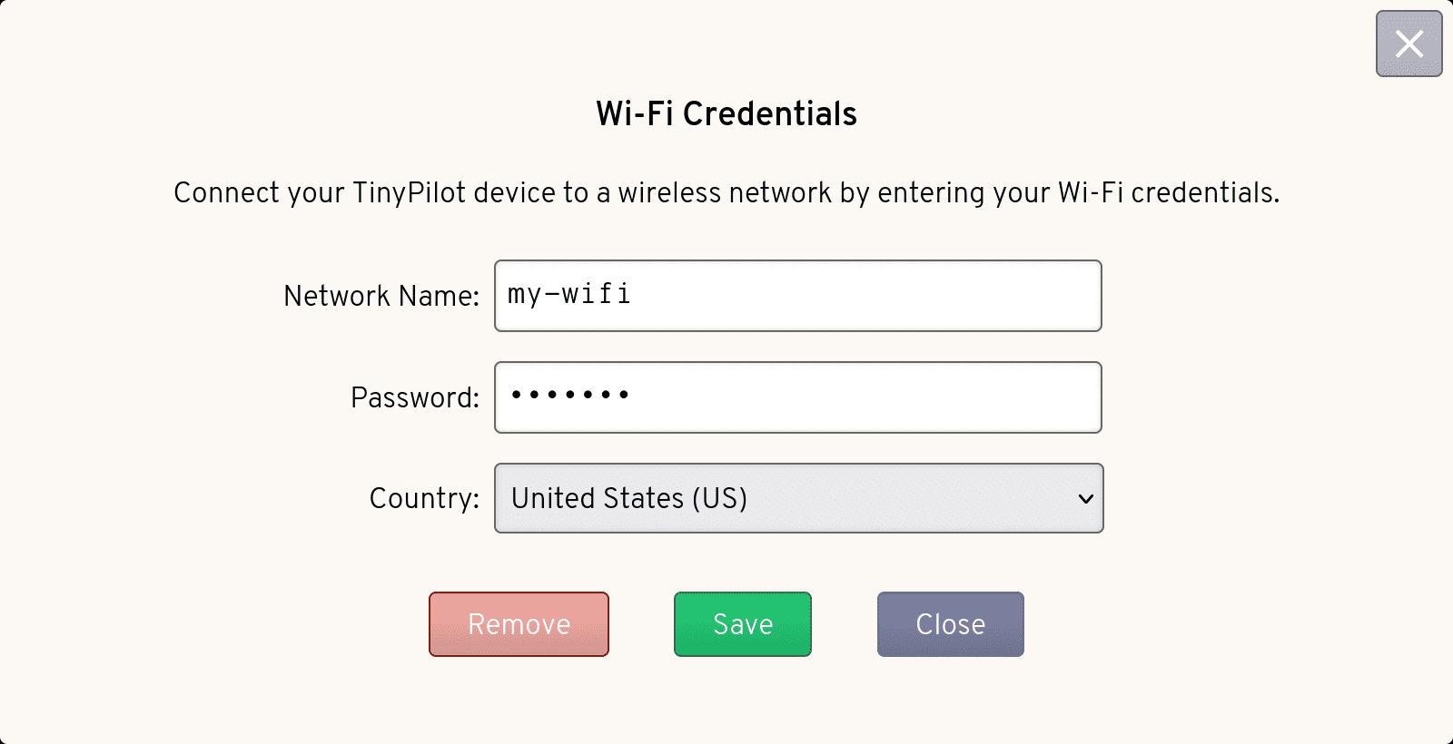 The Wi-Fi credentials dialog showing the three input fields - Network Name, Password, and Country.