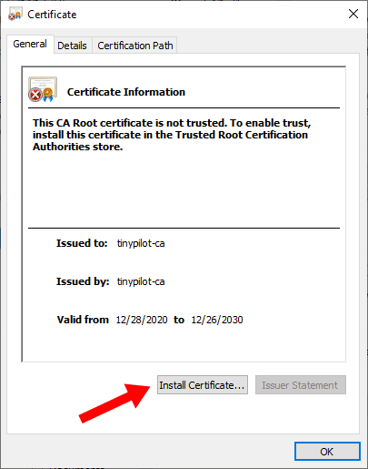 Screenshot of Windows dialog showing Install Certificate button
